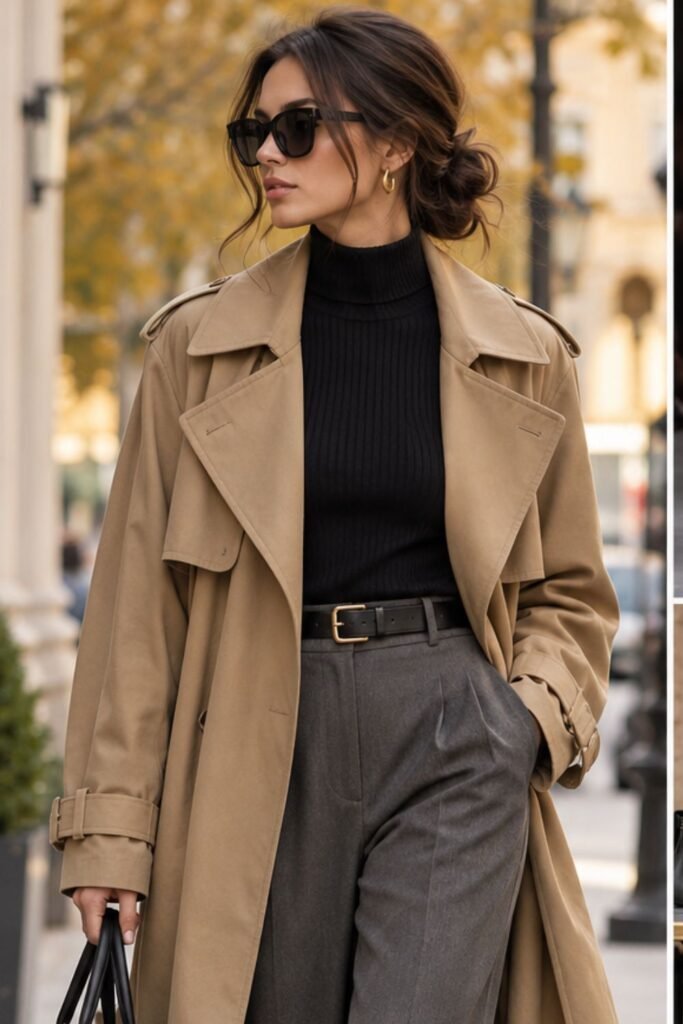 Woman in a draped trench coat with straight trousers