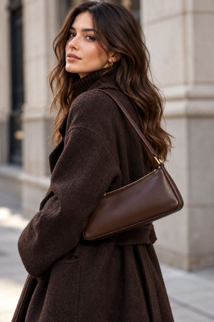 Woman carrying a long east-west leather shoulder bag under her arm with a winter coat