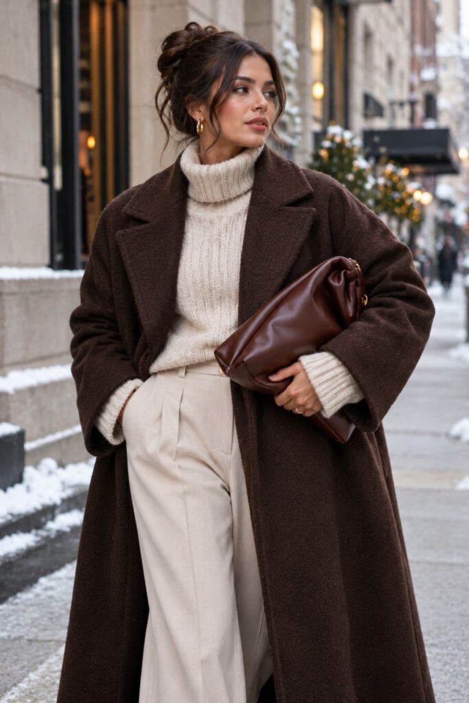 Oversized leather clutch carried under the arm with a long winter coat