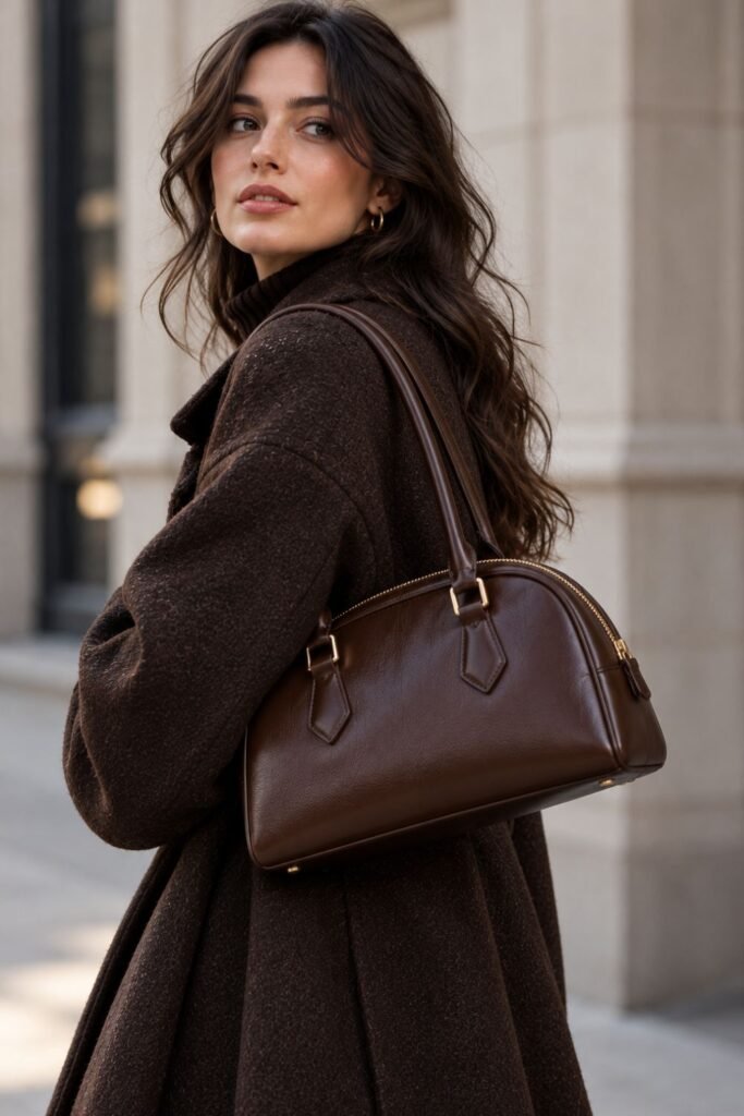 Rounded leather bowling bag with twin top handles styled with a winter outfit