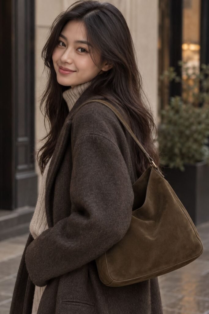 Soft brown suede shoulder bag worn with a wool coat