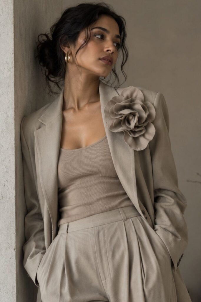 Woman in a tonal minimalist outfit with one statement accessory