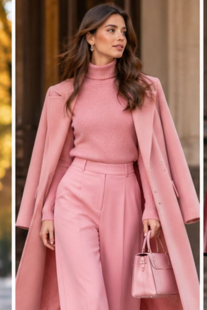 Woman in a tonal red and pink outfit