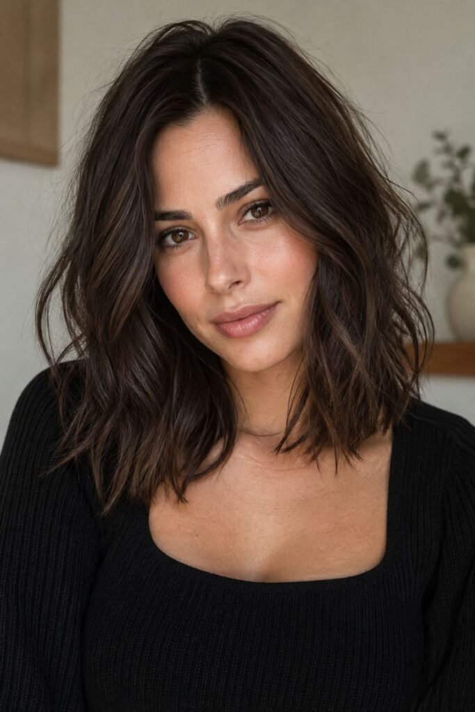 Tousled Espresso Lob With Soft Root Depth