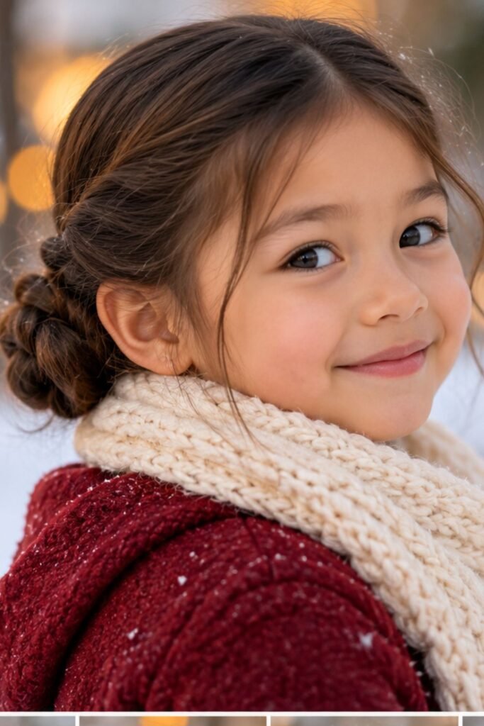 Girl with twin braided low buns at the nape
