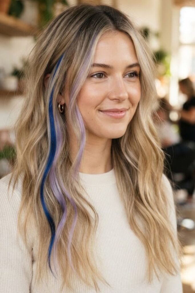 Lived-in blonde hair with one teal and one pink accent streak