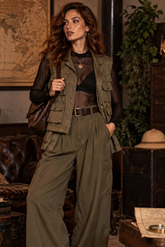 Utility Vest + Sheer Black Top + Wide Trousers