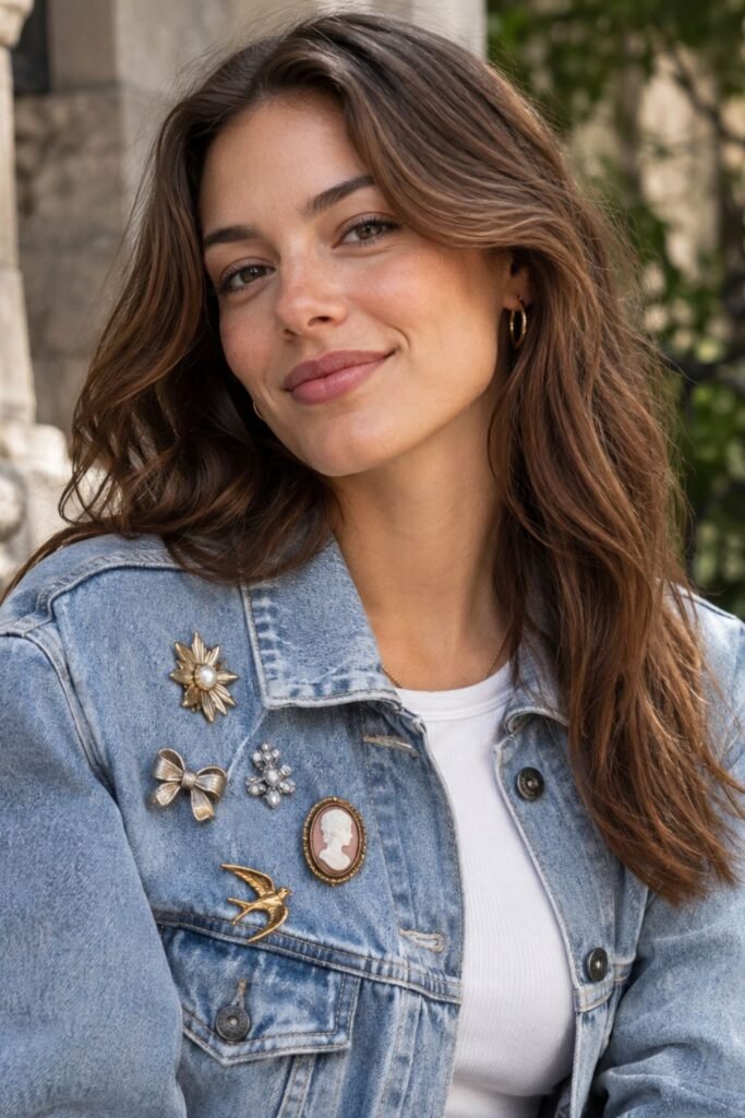 Vintage Brooch Mix on a Denim Jacket