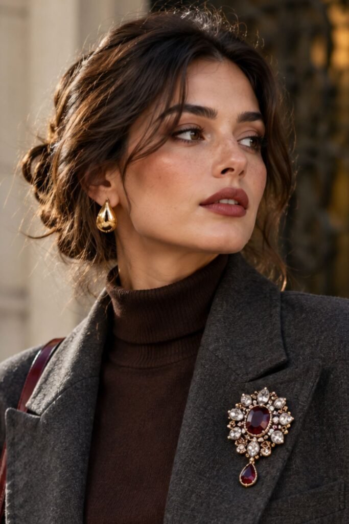 Vintage-style jeweled brooch on dark tailoring