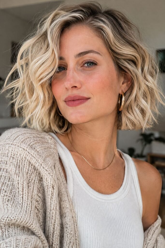 Wavy champagne blonde bob