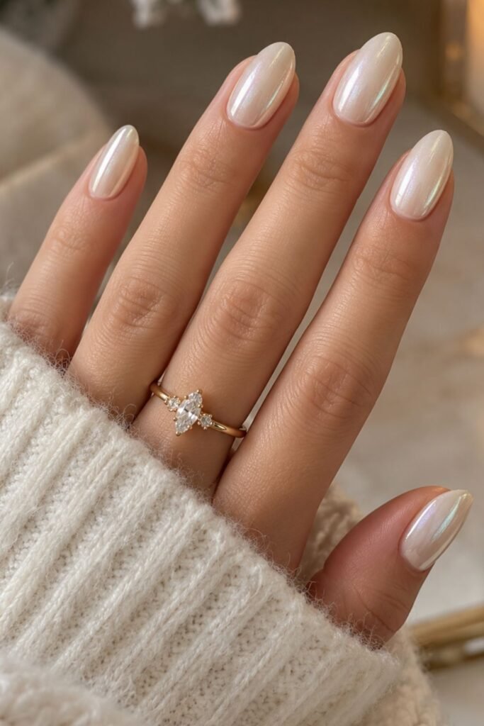 Creamy white gel nails with a soft pearl chrome finish