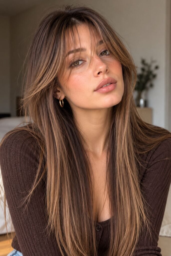 Wispy curtain bangs with long straight hair