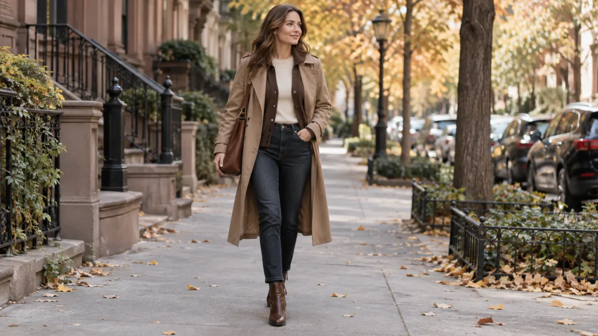 Woman wearing a camel trench over a chocolate cardigan and cream knit with dark jeans and brown boots.