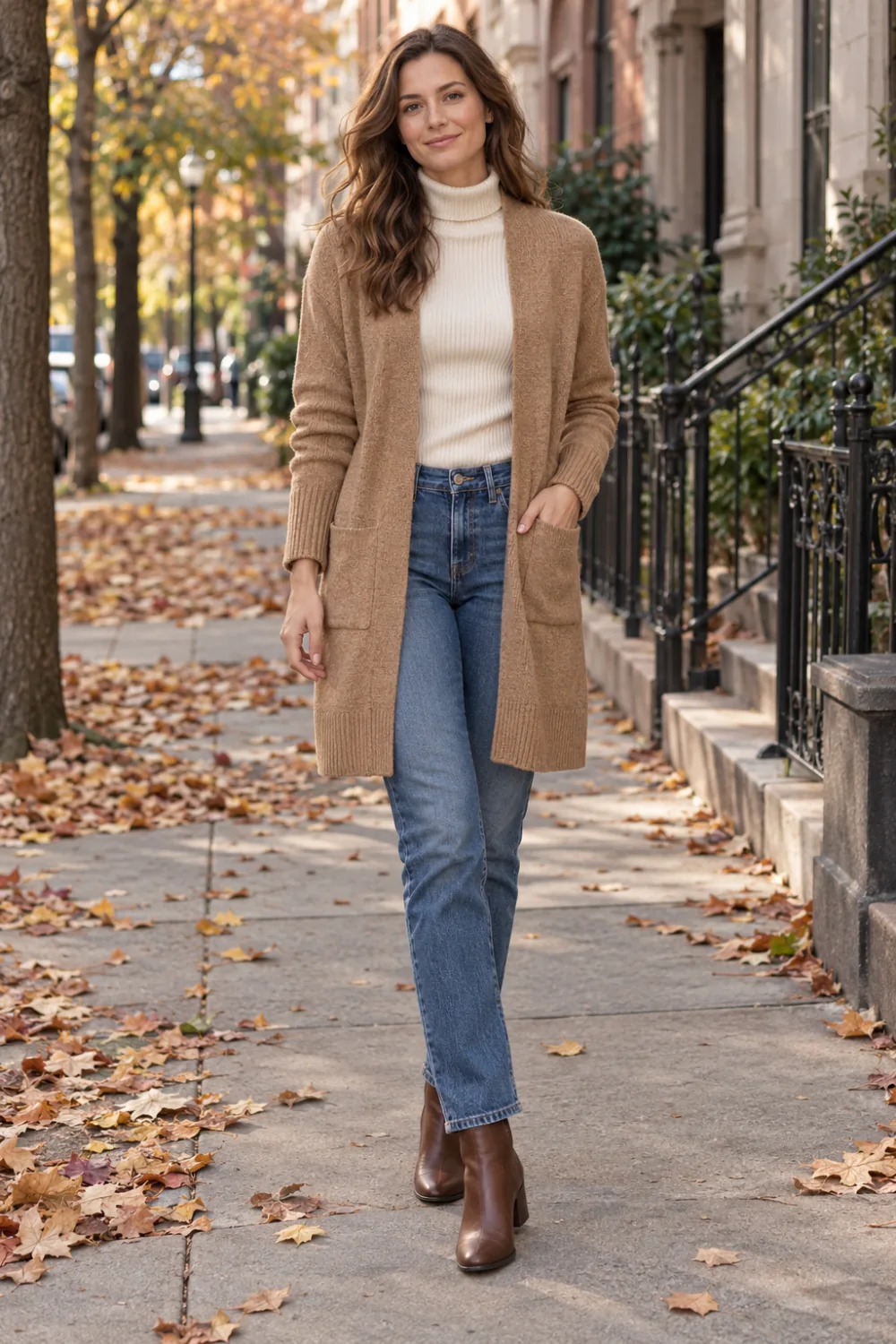 Woman wearing a cream turtleneck, long camel cardigan, straight jeans and brown ankle boots.