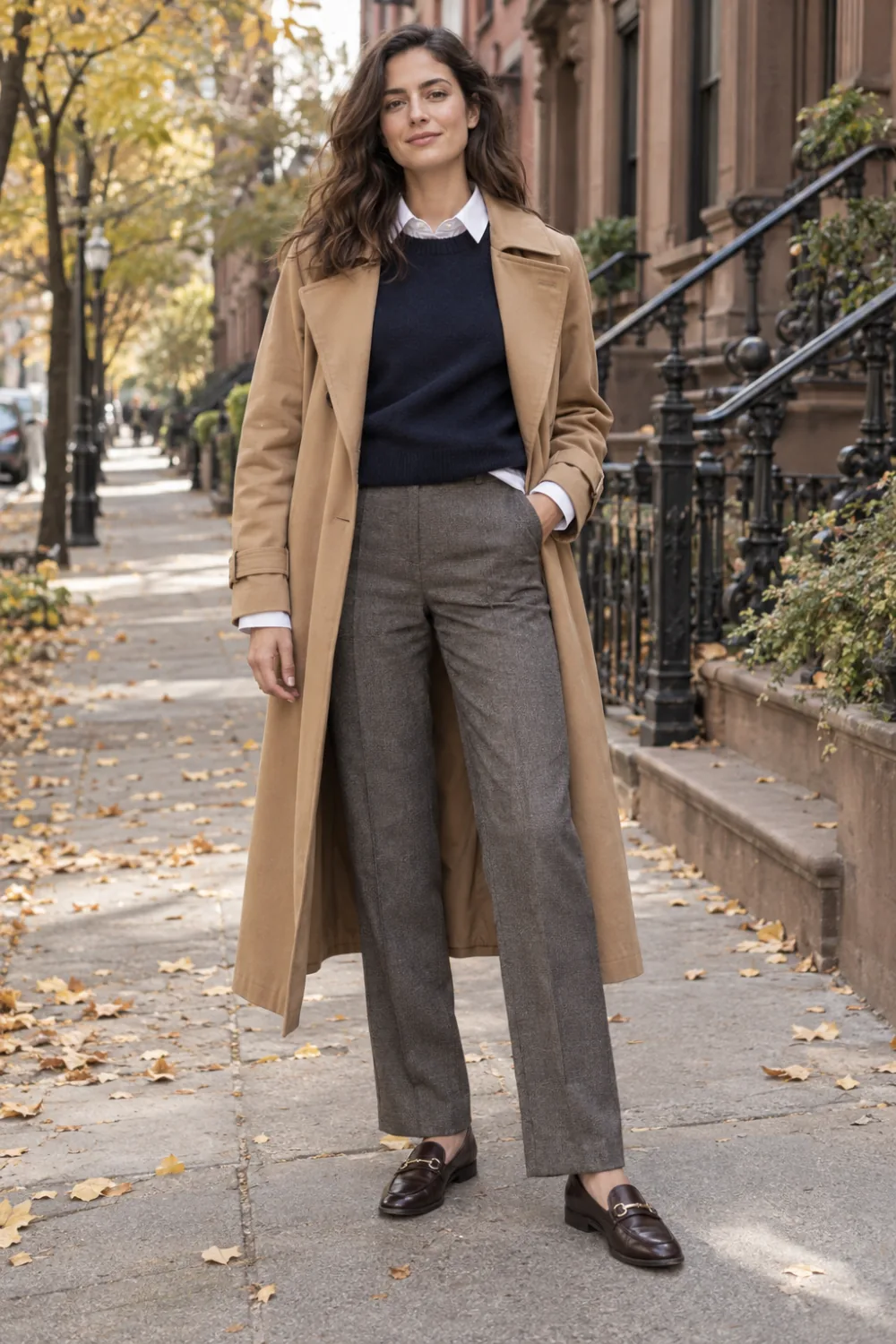 White shirt layered under a navy sweater and camel trench with gray trousers and loafers.