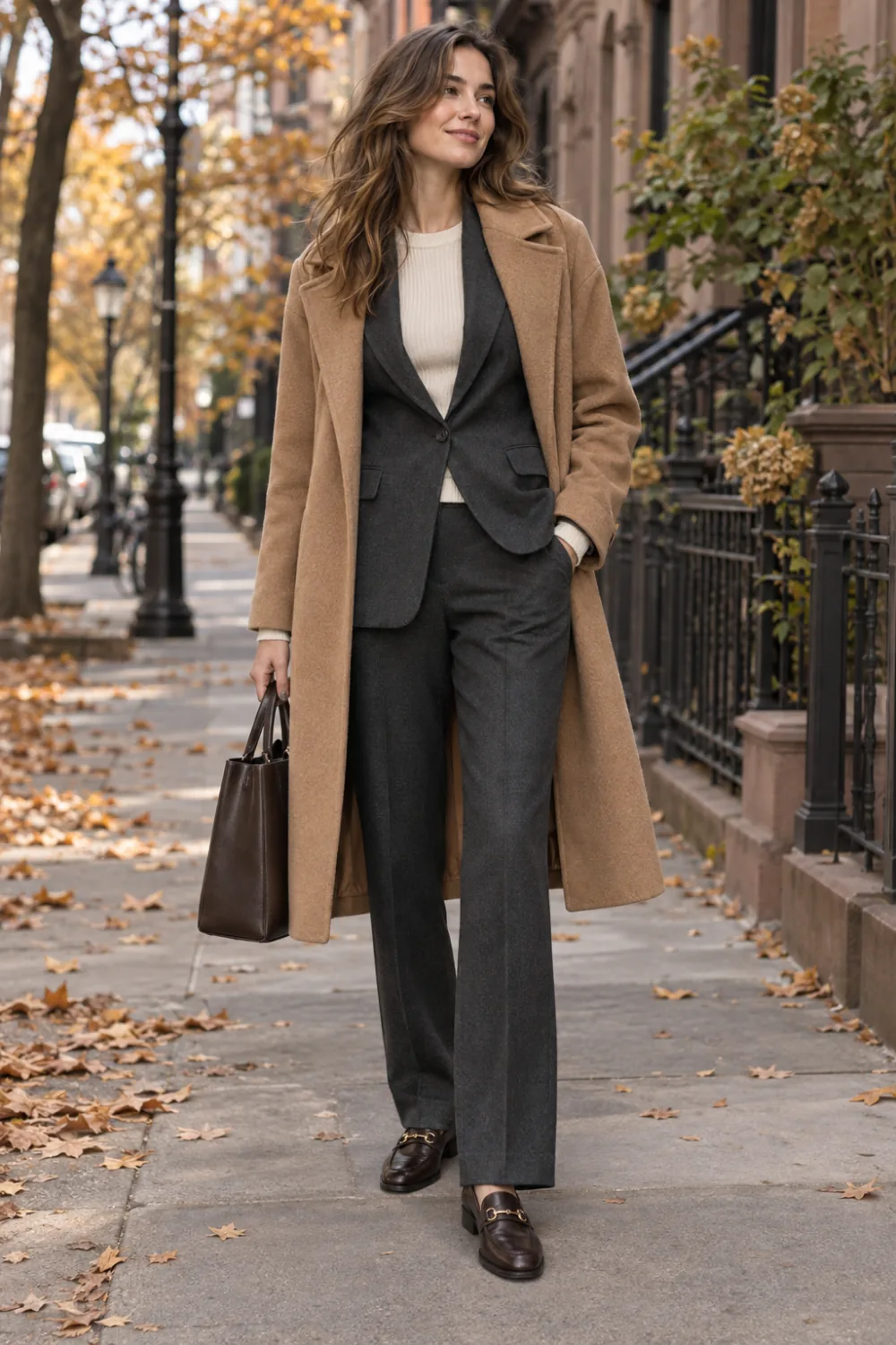Cream ribbed top under a charcoal blazer and camel wool coat with tailored trousers.