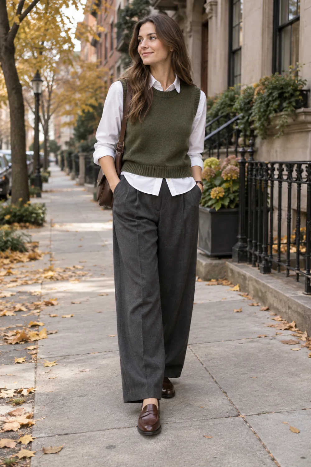 White Oxford shirt under an olive knit vest with wide-leg charcoal trousers and loafers.