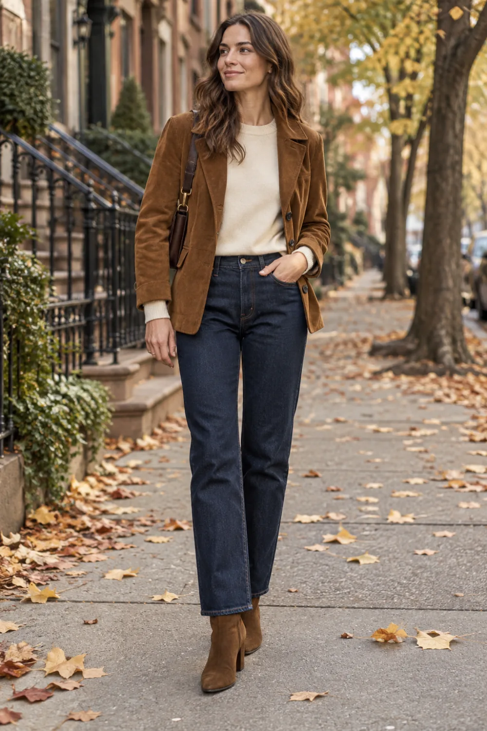 Cream fine knit with a tobacco suede jacket, dark jeans and ankle boots.