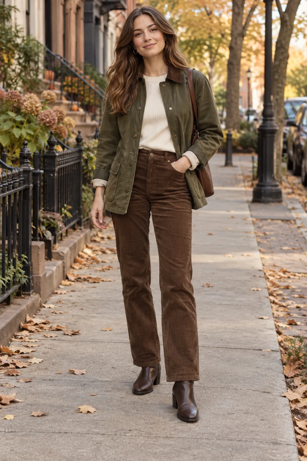 Olive barn jacket over a cream top with brown corduroy trousers and ankle boots.