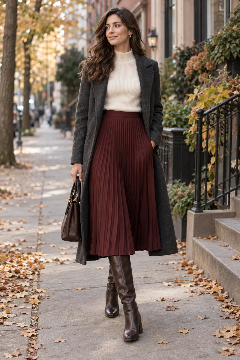 Cream mock-neck knit with a burgundy pleated midi skirt, charcoal coat and tall boots.