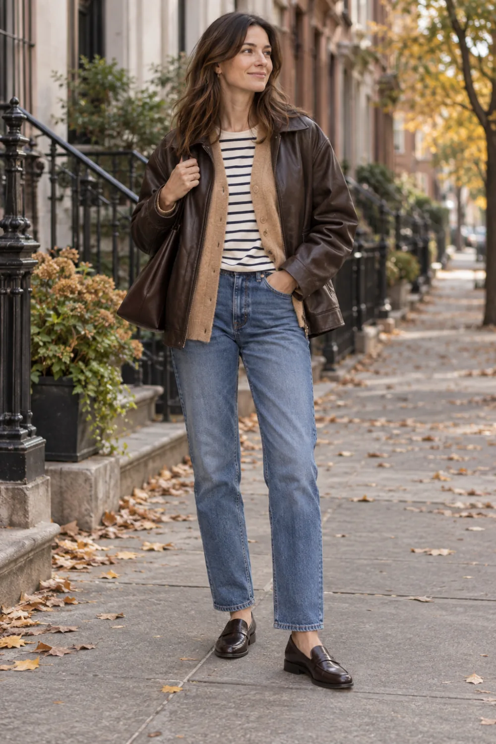 Striped tee under a camel cardigan and brown leather jacket with jeans and loafers.