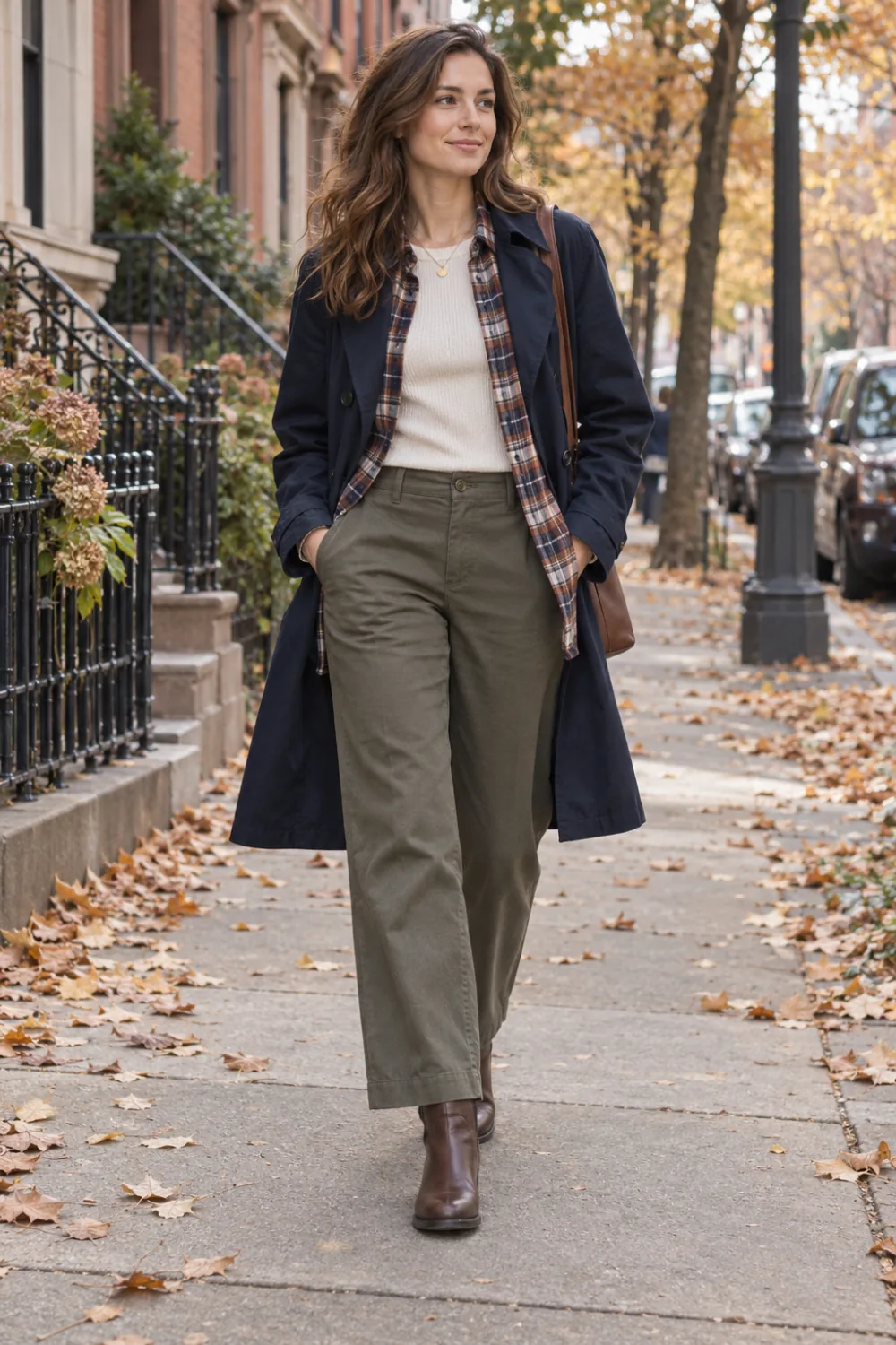 Cream thermal top under a plaid overshirt and navy mac coat with relaxed trousers.