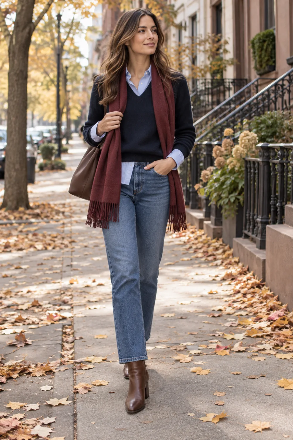 Pale blue shirt under a navy pullover with a burgundy scarf, jeans and ankle boots.
