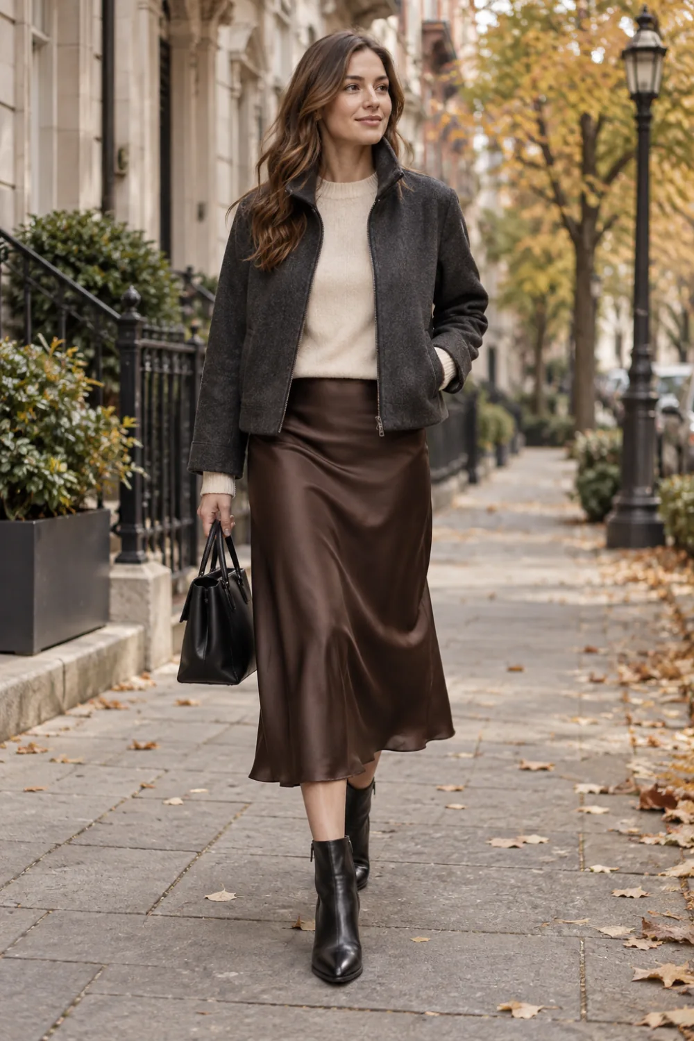 Cream fine knit with a chocolate satin midi skirt and cropped charcoal wool jacket.