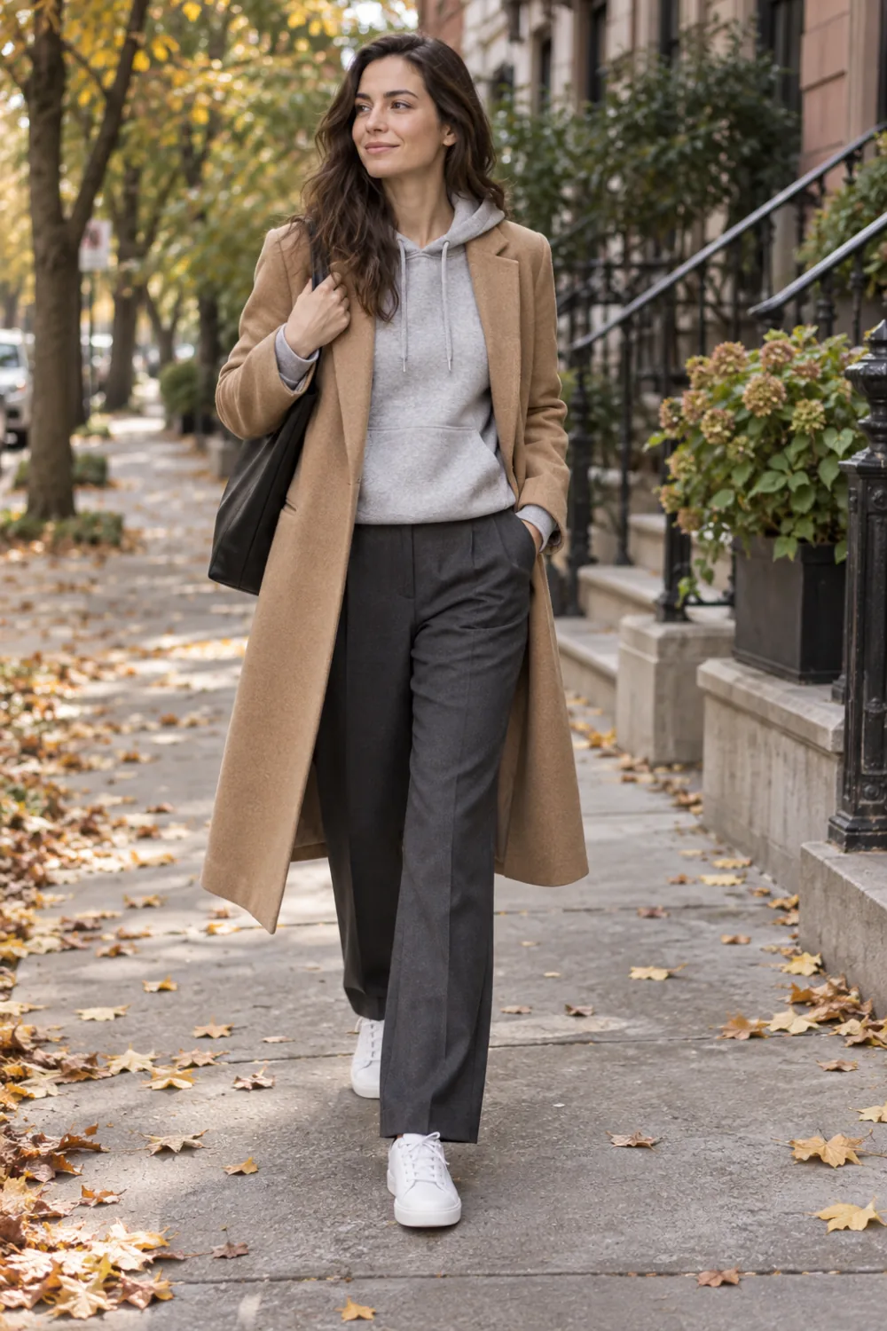 Gray hoodie under a camel wool coat with charcoal trousers and white sneakers.