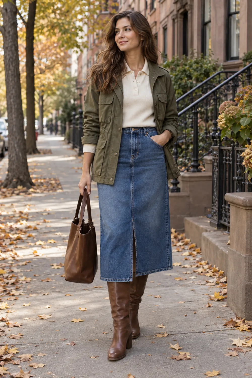 Cream knit polo under an olive utility jacket with a denim midi skirt and brown boots.