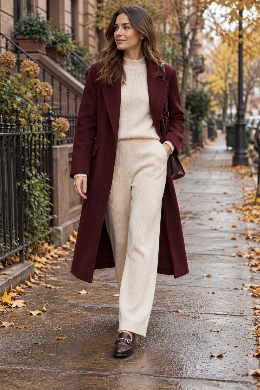 Cream knit top and trousers under a burgundy statement coat with brown loafers.